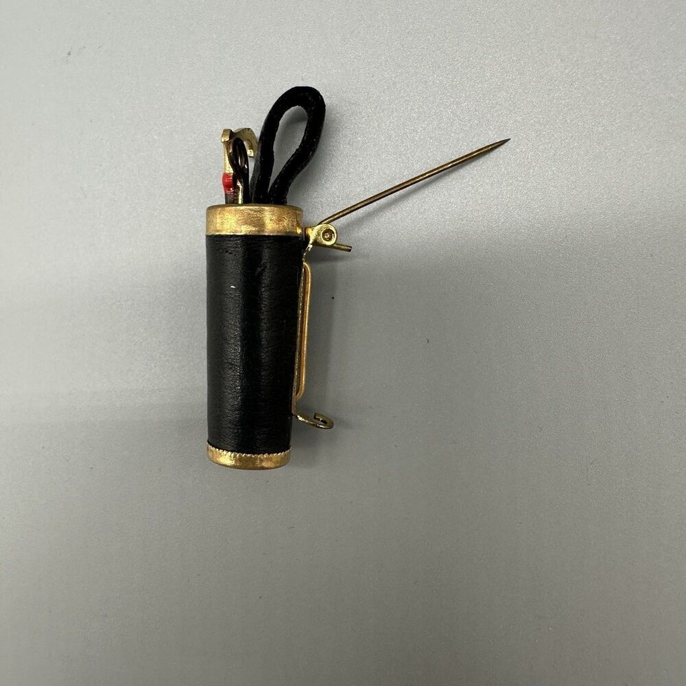 Vintage Cane Holder Brooch Pin Jacket Hat Brooch Gold Tone Black Leather 2” - Picture 3 of 6
